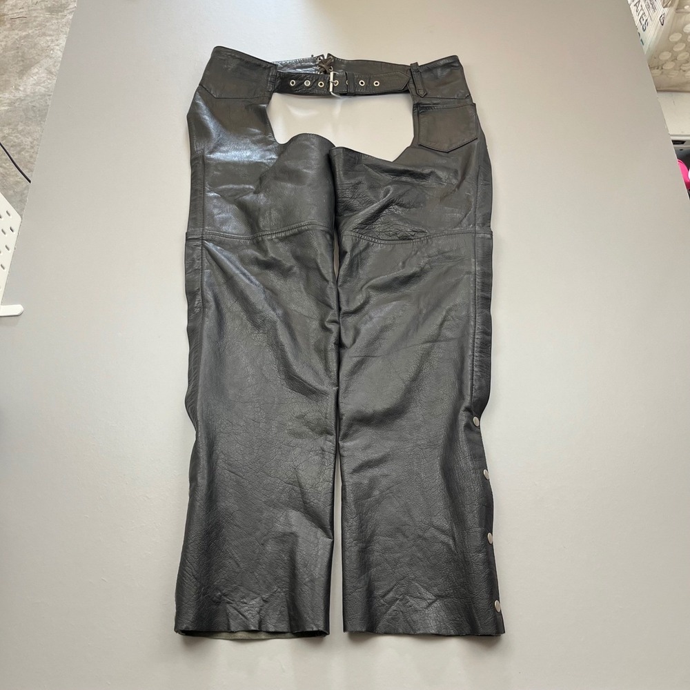 Shaf Leather Motorcycle Chaps Mens XL Black Genuine Leather Belted Zips Vintage